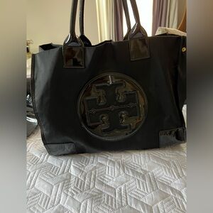Tory Burch Nylon Black Patent Logo Tote